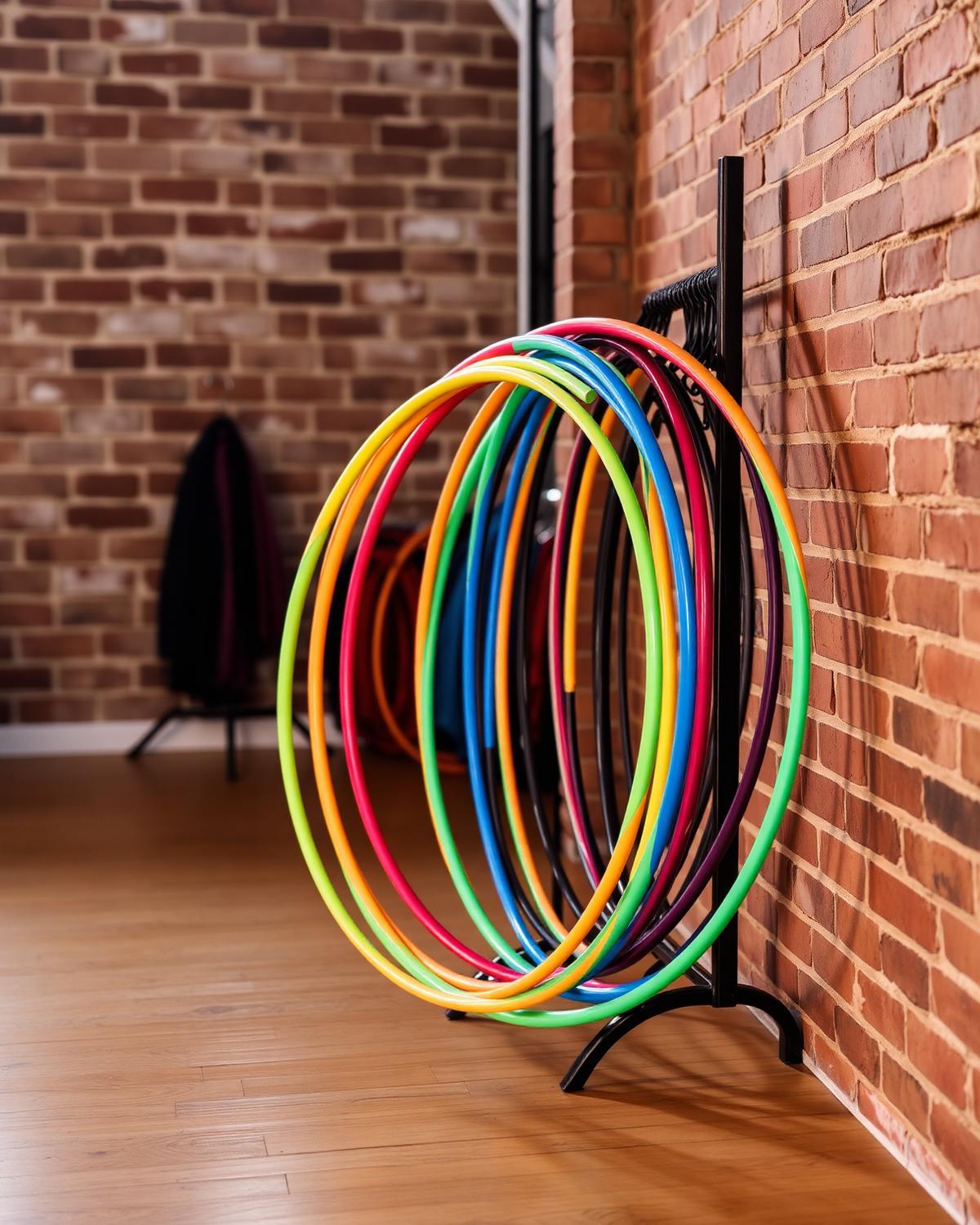 Hoops are provided and sized to you at every class — nothing to buy before your first session. Rack of colorful adult flow hula hoops available for students at the Chester, NY studio